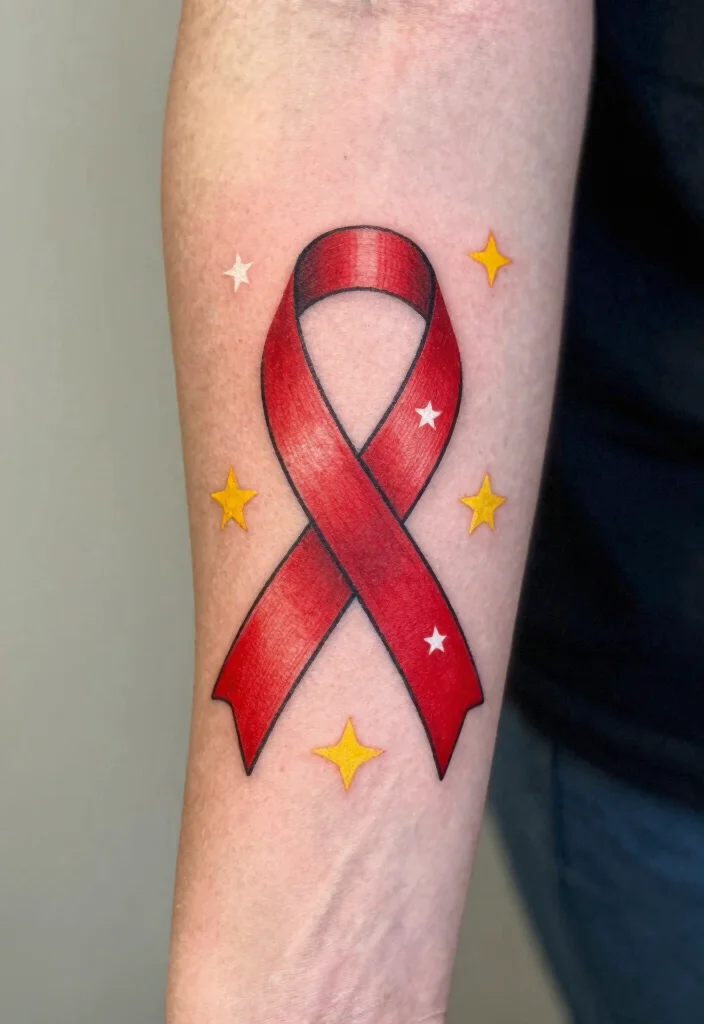 15 Red Ribbon Tattoo Ideas: Meaningful, Simple, and Elegant - 12. Red Ribbon with Stars 1