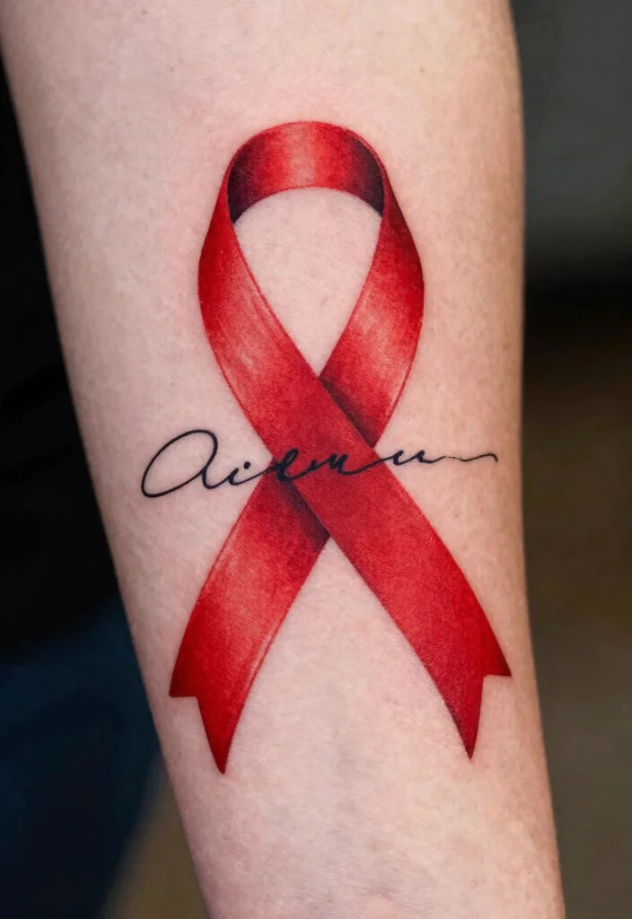 15 Red Ribbon Tattoo Ideas: Meaningful, Simple, and Elegant - 14. Red Ribbon with Signature 1