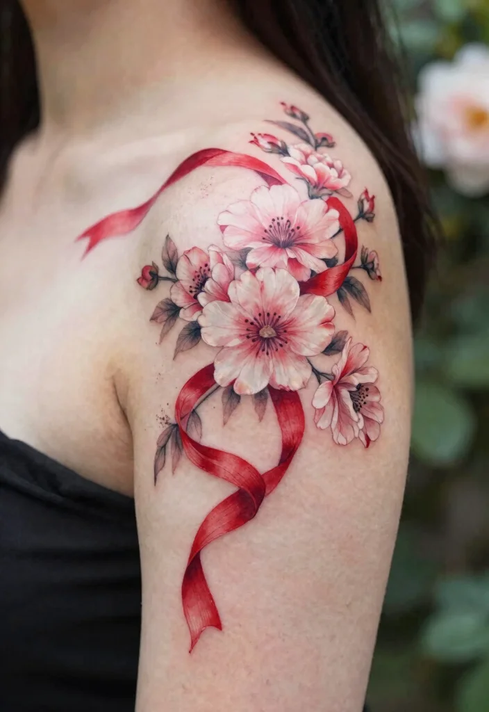 15 Red Ribbon Tattoo Ideas: Meaningful, Simple, and Elegant - 5. Floral Red Ribbon Tattoo 1