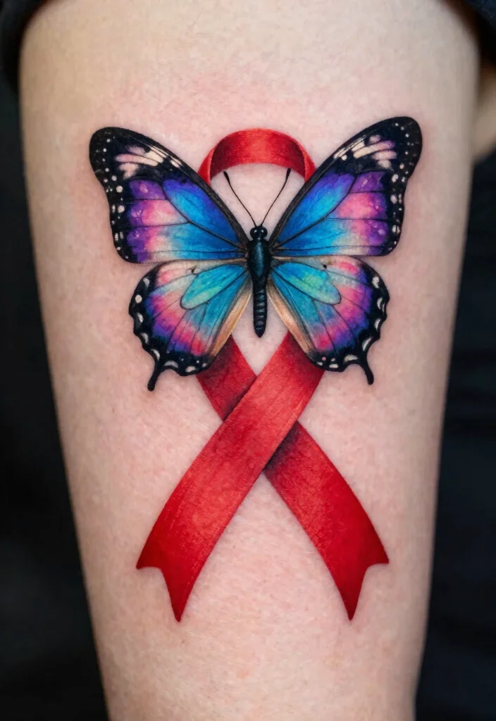 15 Red Ribbon Tattoo Ideas: Meaningful, Simple, and Elegant - 8. Red Ribbon with Butterfly 1