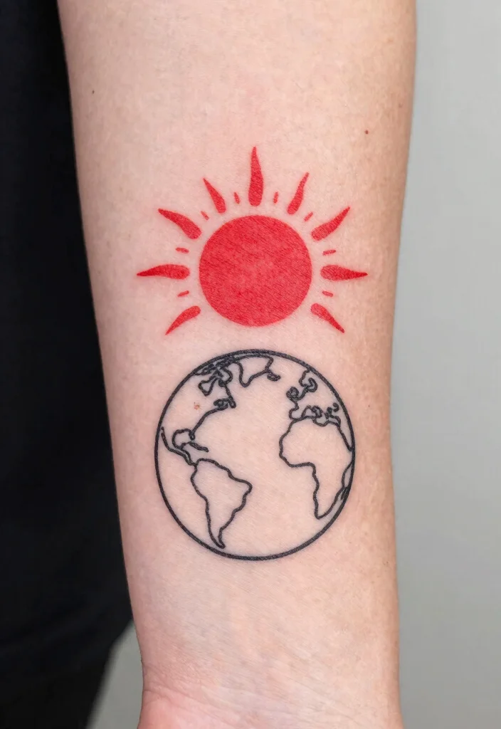 15 Red Sun Tattoo Ideas: Powerful, Minimal, and Symbolic - 10. Minimalist Sun and Earth 1