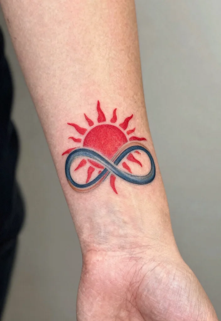 15 Red Sun Tattoo Ideas: Powerful, Minimal, and Symbolic - 14. Sun with Infinity Symbol 1