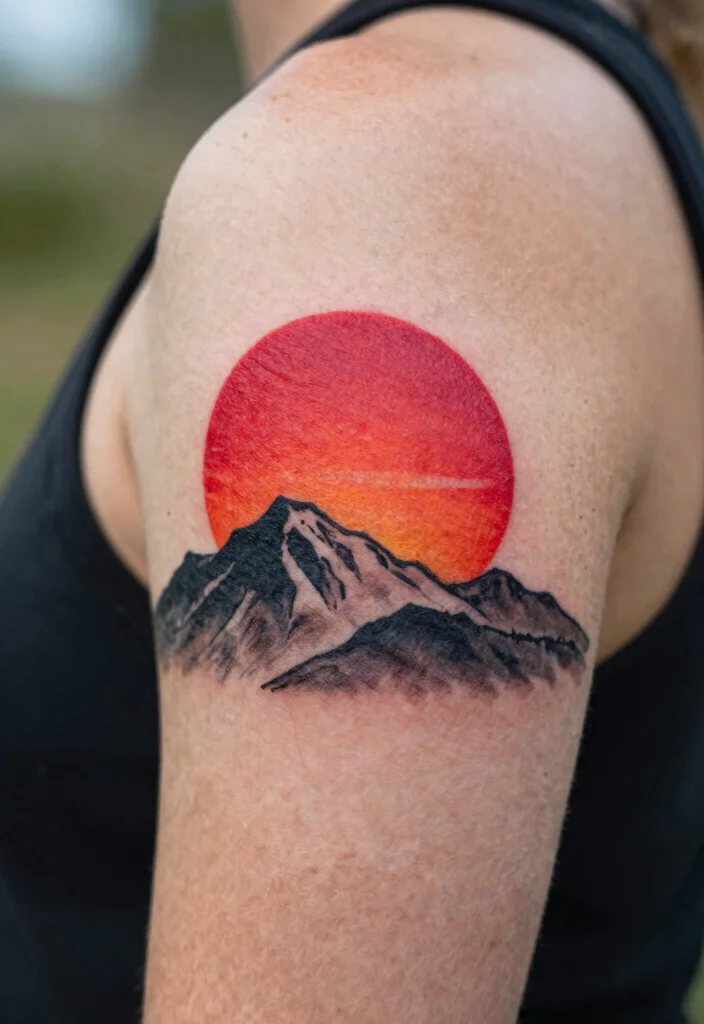15 Red Sun Tattoo Ideas: Powerful, Minimal, and Symbolic - 2. Sun and Mountain Fusion 1