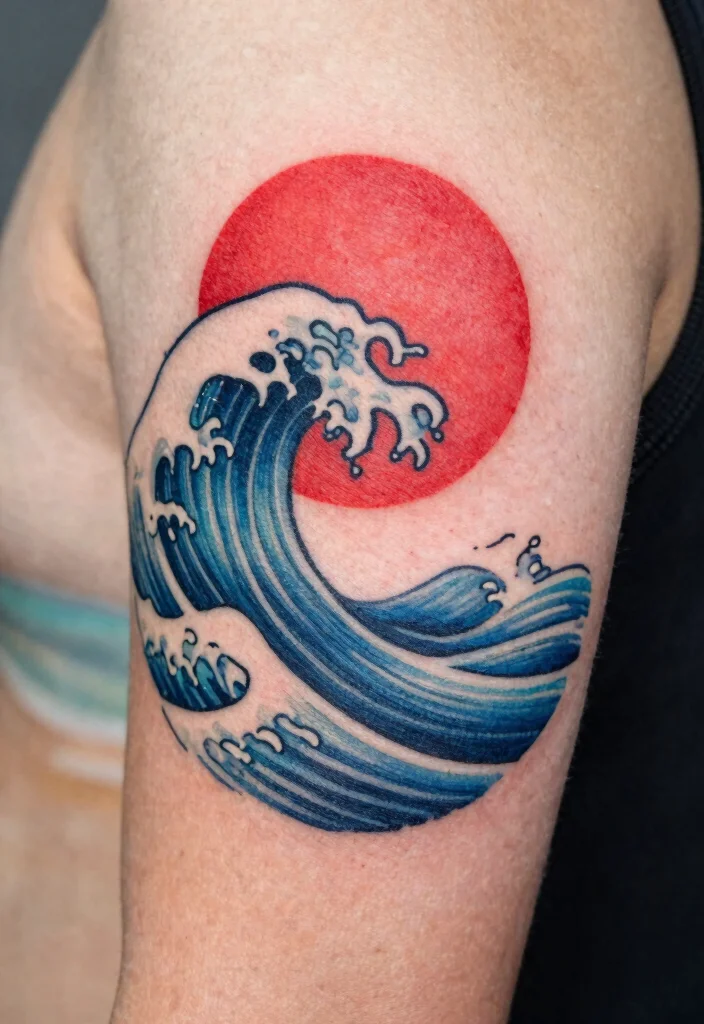 15 Red Sun Tattoo Ideas: Powerful, Minimal, and Symbolic - 4. Sun and Wave Combination 1