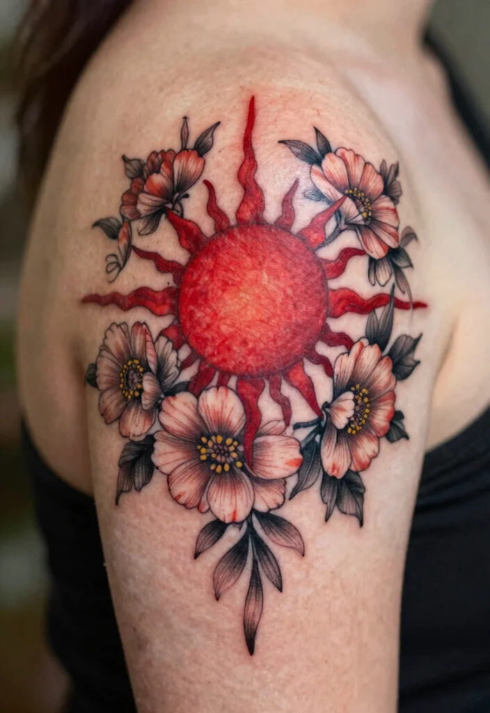 15 Red Sun Tattoo Ideas: Powerful, Minimal, and Symbolic - 6. Sun with Floral Accents 1