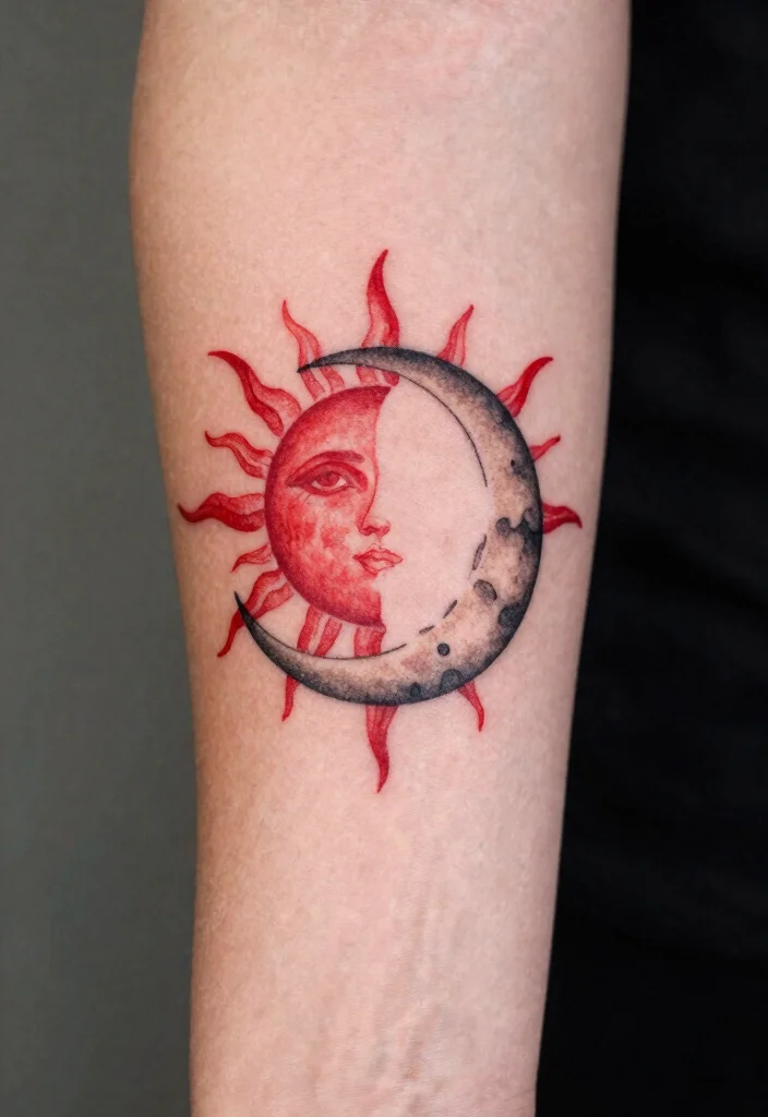 15 Red Sun Tattoo Ideas: Powerful, Minimal, and Symbolic - 7. Sun and Moon Balance 1
