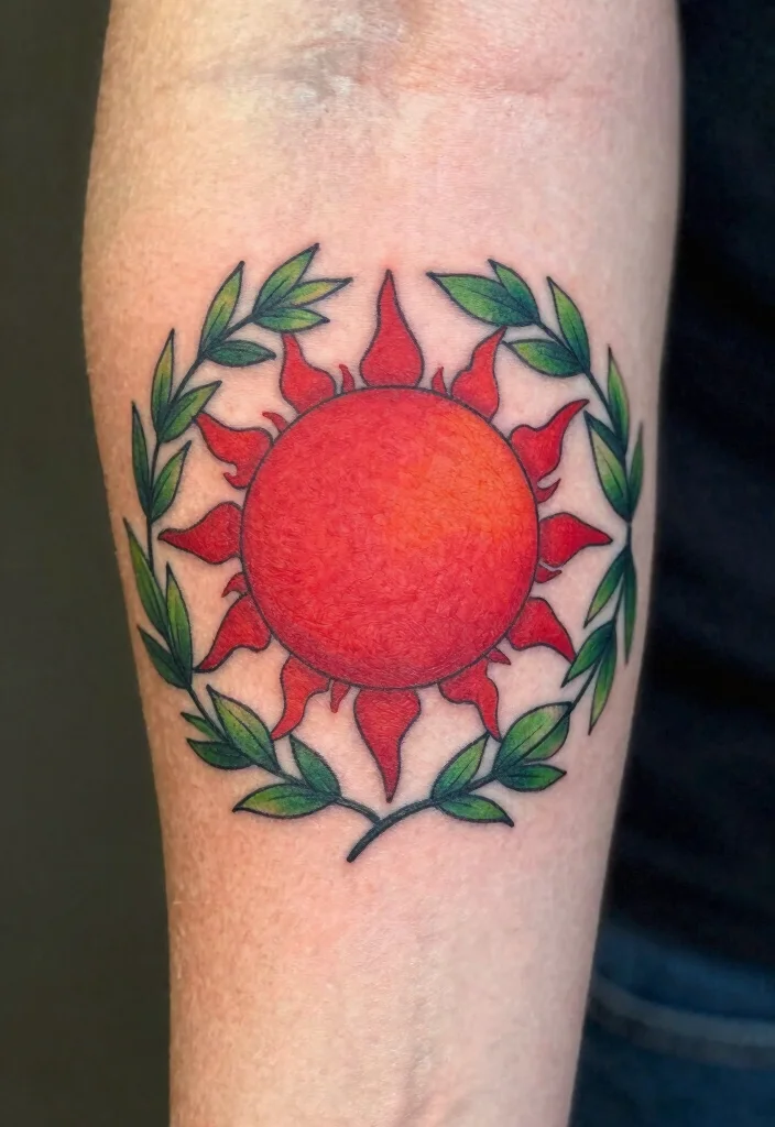 15 Red Sun Tattoo Ideas: Powerful, Minimal, and Symbolic - 8. Sun in a Circle of Leaves 1