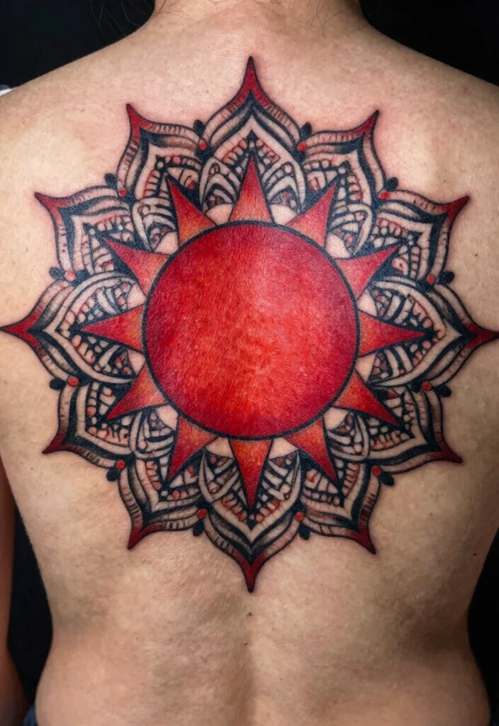 15 Red Sun Tattoo Ideas: Powerful, Minimal, and Symbolic - 9. Sun with Spiritual Symbols 1