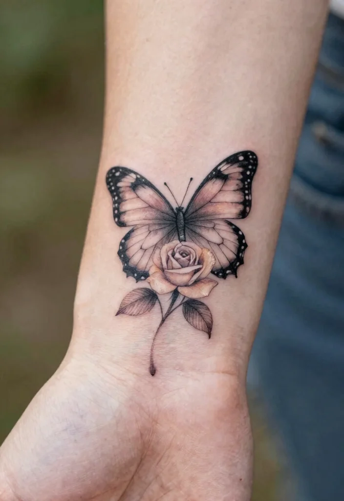 15 Rose und Schmetterling Tattoo Ideen Zart und Symbolisch - 1. Zarte Rose mit Flügeln 1