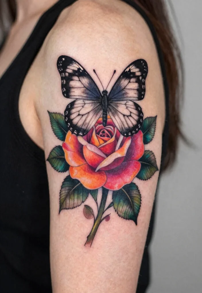 15 Rose und Schmetterling Tattoo Ideen Zart und Symbolisch - 10. Kombination aus Farbe und Schwarz 1