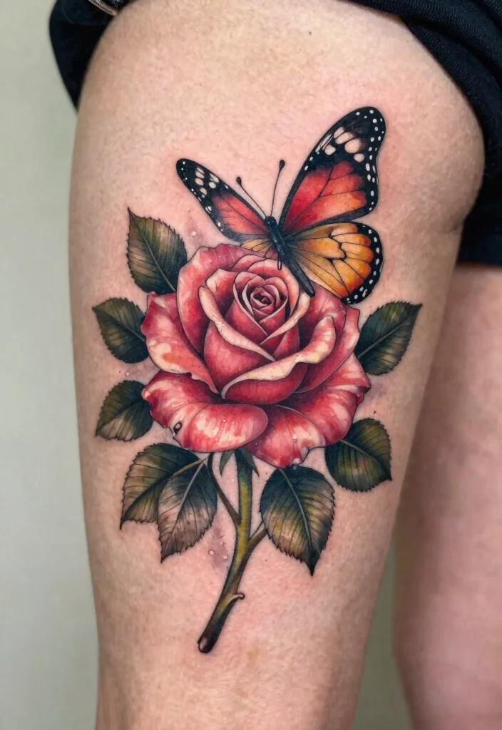 15 Rose und Schmetterling Tattoo Ideen Zart und Symbolisch - 11. Rose mit Schmetterling umschlungen 1