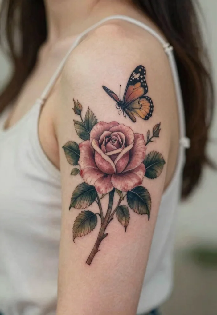 15 Rose und Schmetterling Tattoo Ideen Zart und Symbolisch - 12. Vintage-Stil 1