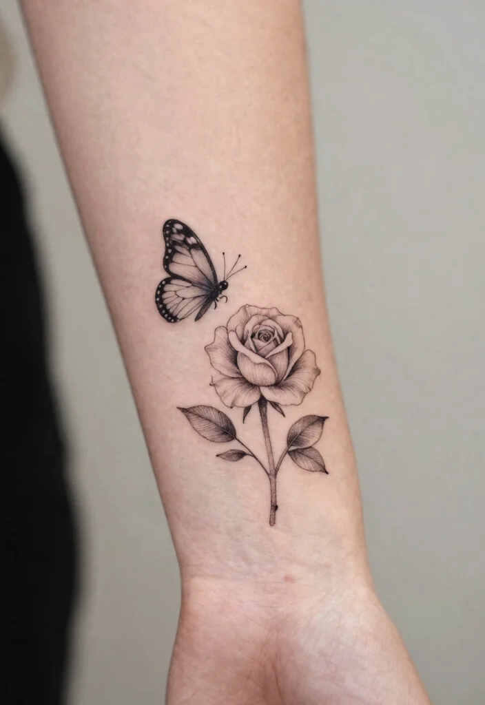 15 Rose und Schmetterling Tattoo Ideen Zart und Symbolisch - 13. Linienzeichnung von Rose und Schmetterling 1