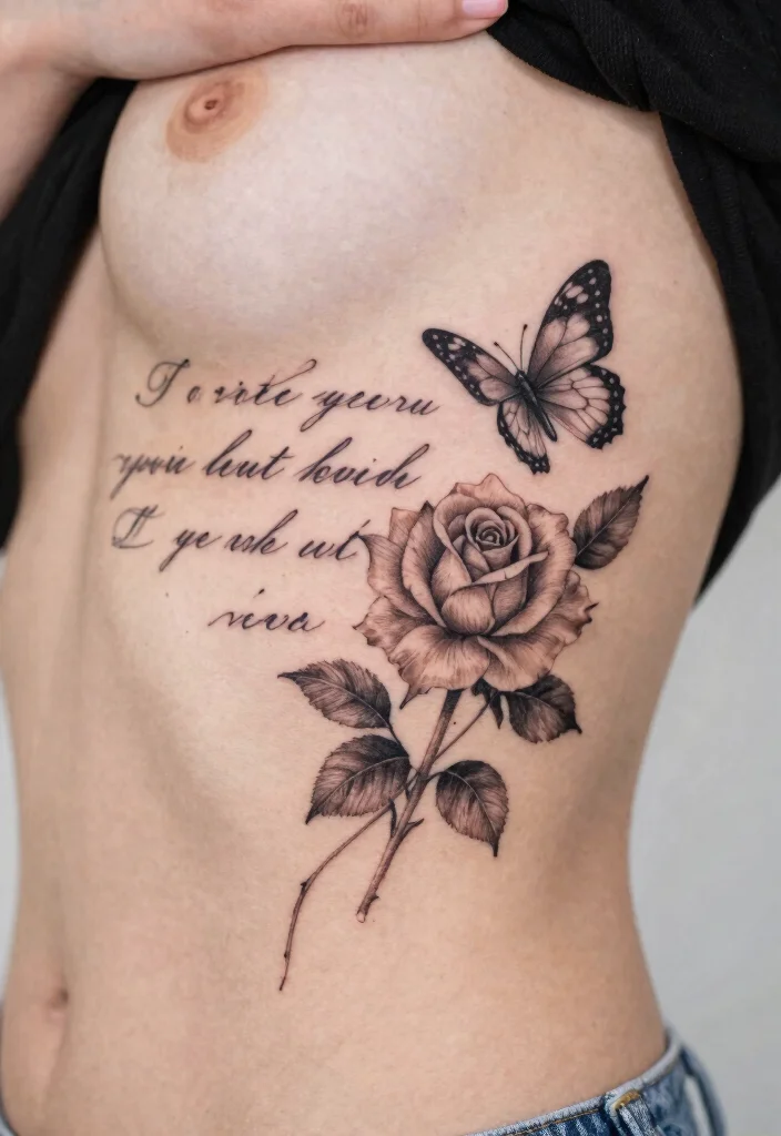 15 Rose und Schmetterling Tattoo Ideen Zart und Symbolisch - 14. Kombination mit Schriftzug 1