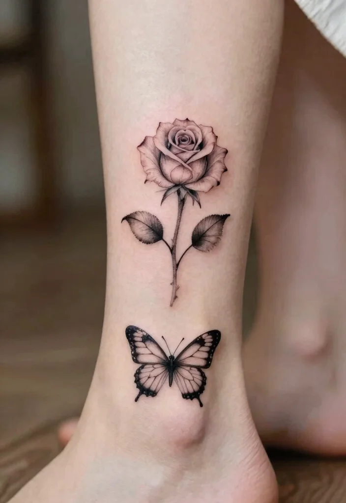 15 Rose und Schmetterling Tattoo Ideen Zart und Symbolisch - 15. Minimalistische Doppel-Tattoo 1