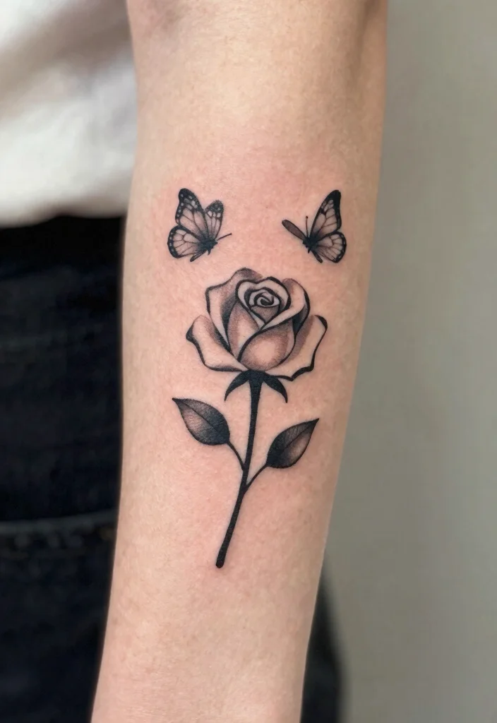 15 Rose und Schmetterling Tattoo Ideen Zart und Symbolisch - 3. Minimalistische Blüte 1