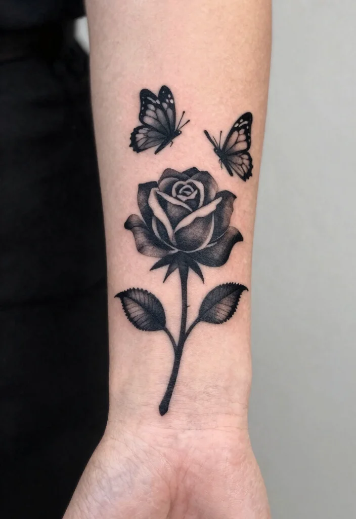 15 Rose und Schmetterling Tattoo Ideen Zart und Symbolisch - 5. Rose und Schmetterling im Silhouette-Stil 1