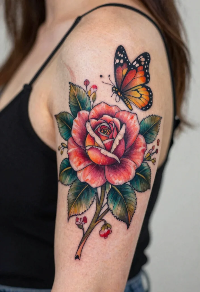 15 Rose und Schmetterling Tattoo Ideen Zart und Symbolisch - 6. Verschnörkelte Rose mit Schmetterling 1