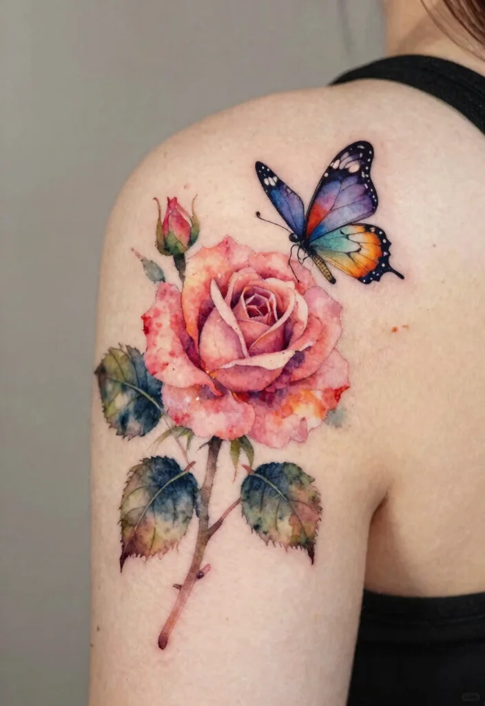 15 Rose und Schmetterling Tattoo Ideen Zart und Symbolisch - 7. Rose und Schmetterling in Wasserfarben 1