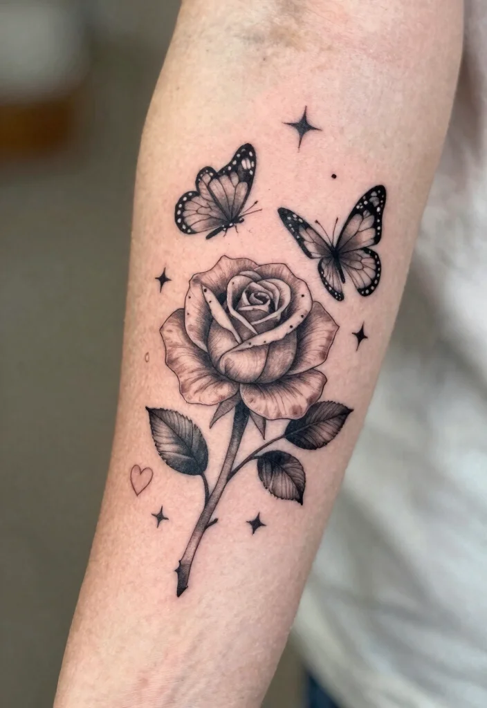 15 Rose und Schmetterling Tattoo Ideen Zart und Symbolisch - 9. Zusätzliche Elemente 1
