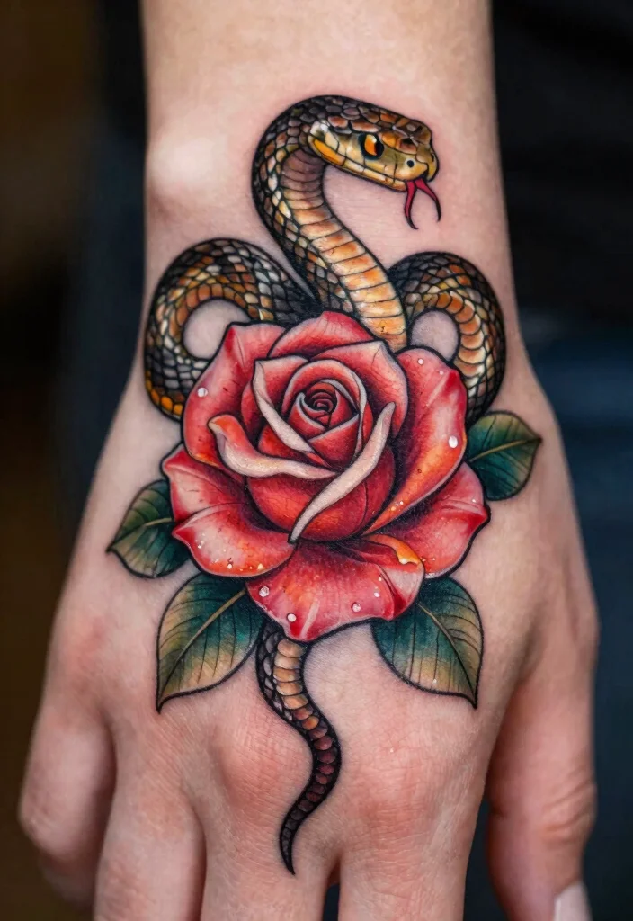 15 Snake Finger Tattoo Ideas: Small, Bold, and Striking - 11. The Snake and Rose Combo 1