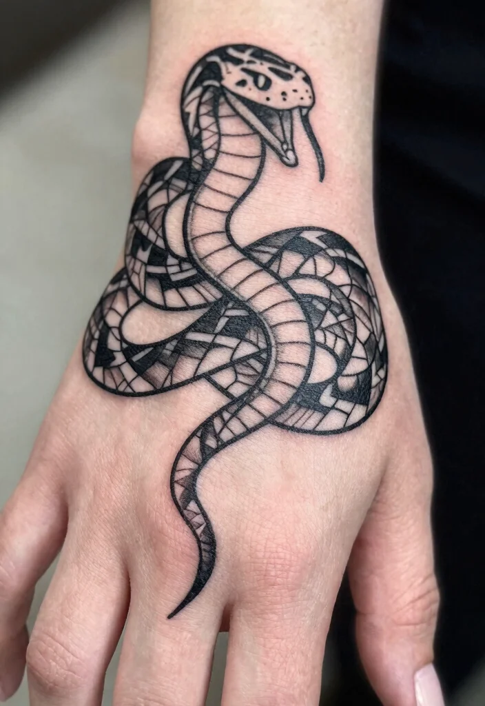 15 Snake Finger Tattoo Ideas: Small, Bold, and Striking - 3. Geometric Snake Art 1