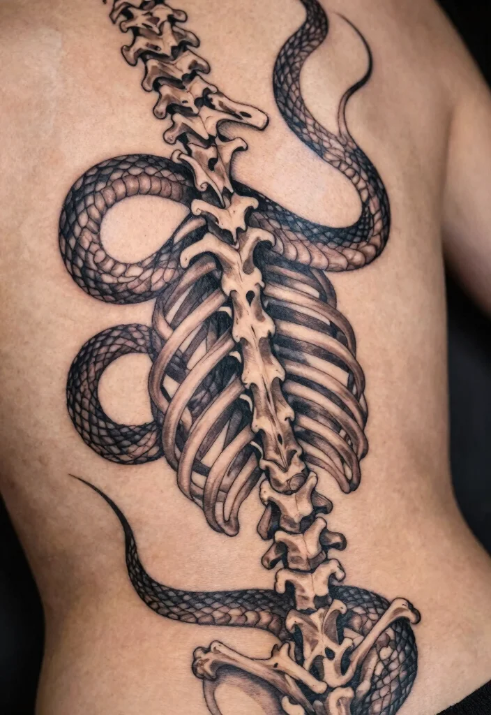 15 Snake Skeleton Tattoo Ideas: Dark, Edgy, and Unique - 1. Intricate Spine Design 1