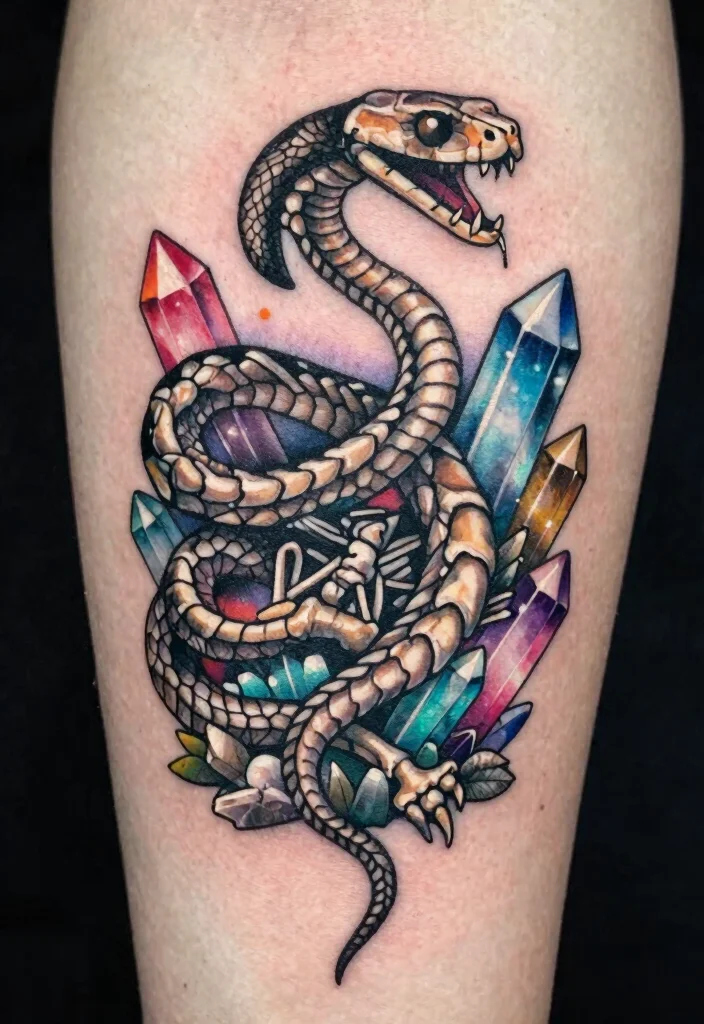 15 Snake Skeleton Tattoo Ideas: Dark, Edgy, and Unique - 11. Snake Skeleton with Crystal Accents 1