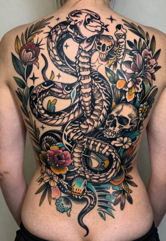 15 Snake Skeleton Tattoo Ideas: Dark, Edgy, and Unique - 13. Large Back Piece 1