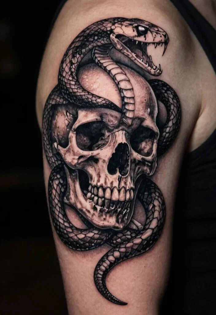 15 Snake Skeleton Tattoo Ideas: Dark, Edgy, and Unique - 2. Coiled Around a Skull 1