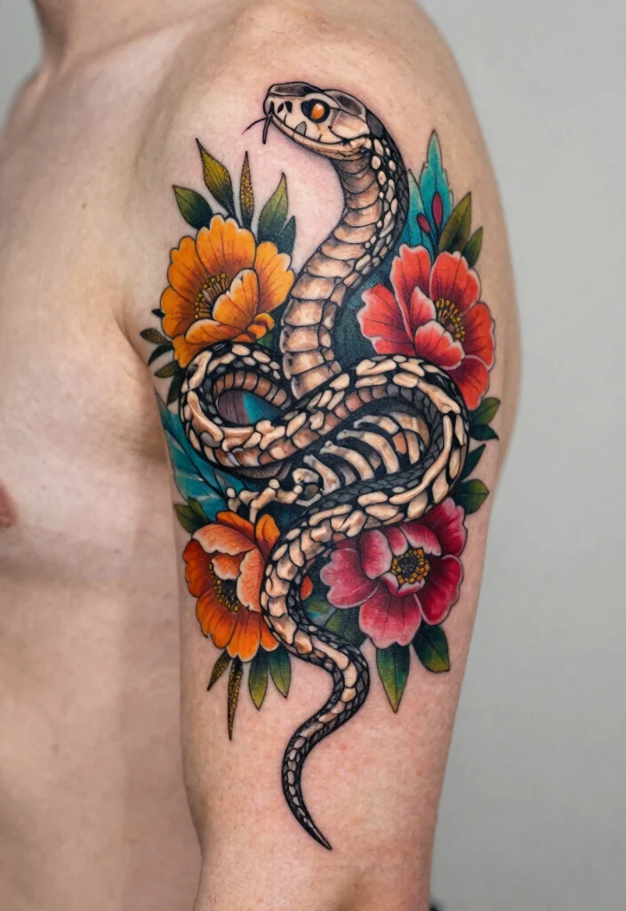 15 Snake Skeleton Tattoo Ideas: Dark, Edgy, and Unique - 3. Floral Snake Skeleton 1