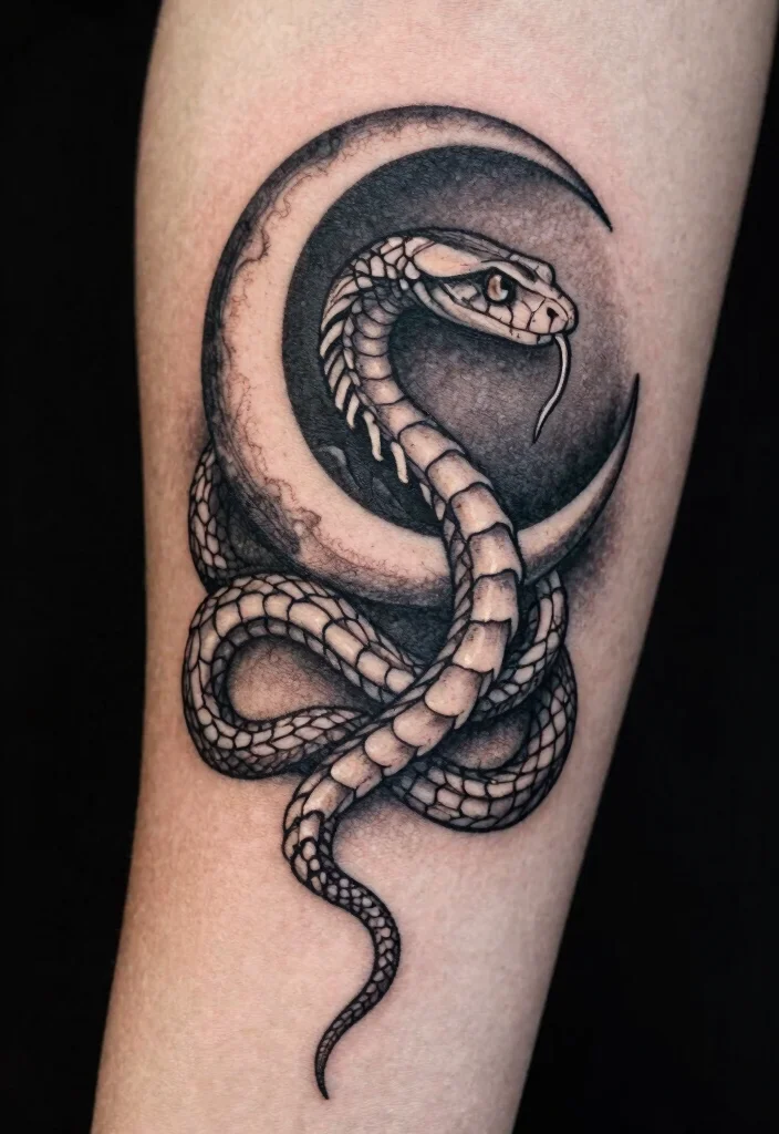 15 Snake Skeleton Tattoo Ideas: Dark, Edgy, and Unique - 5. Snake Skeleton with Crescent Moon 1