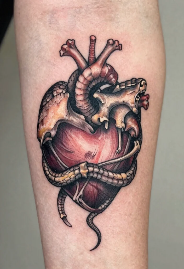15 Snake Skeleton Tattoo Ideas: Dark, Edgy, and Unique - 7. Serpent Skeleton Overlaid With A Heart 1