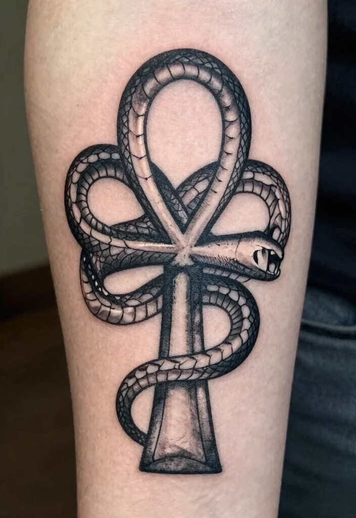 15 Snake Skeleton Tattoo Ideas: Dark, Edgy, and Unique - 9. Snake Skeleton with Ankh Symbol 1