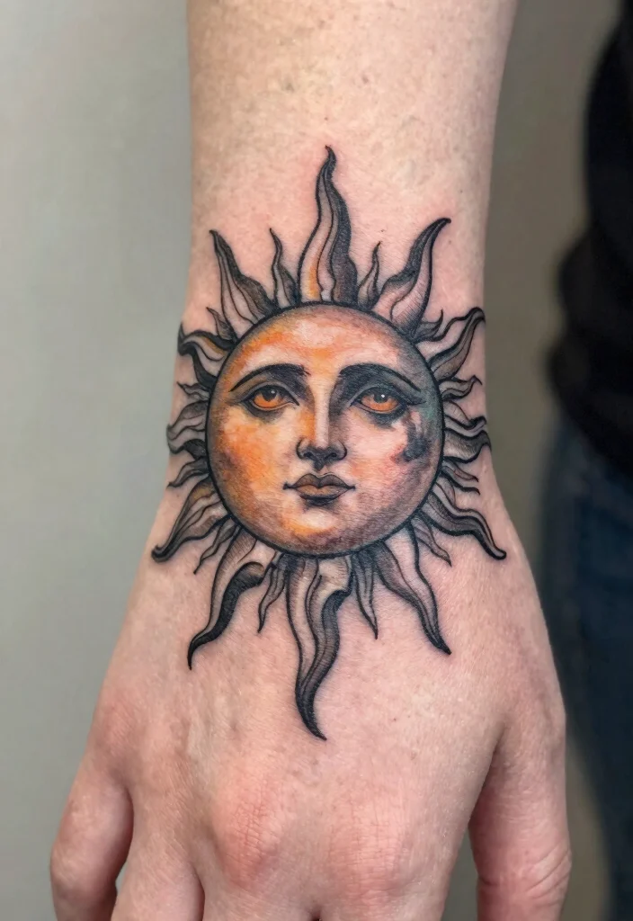 15 Sun Finger Tattoo Ideas: Tiny, Minimal, and Meaningful - 12. Sun with Moon Phases 1