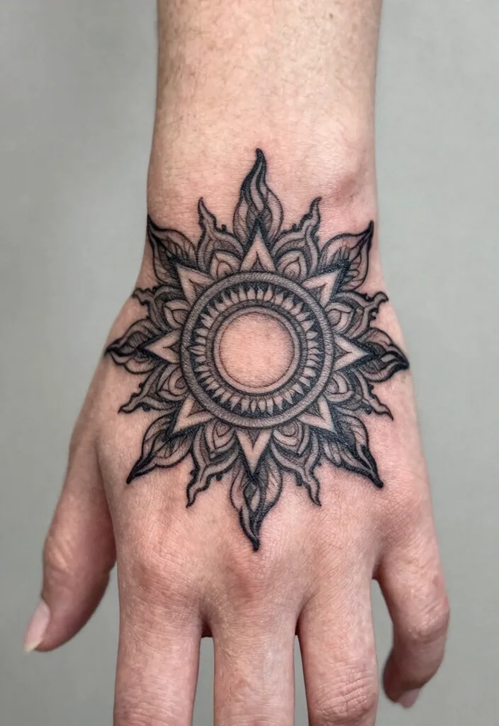 15 Sun Finger Tattoo Ideas: Tiny, Minimal, and Meaningful - 14. Sun in a Mandala Style 1
