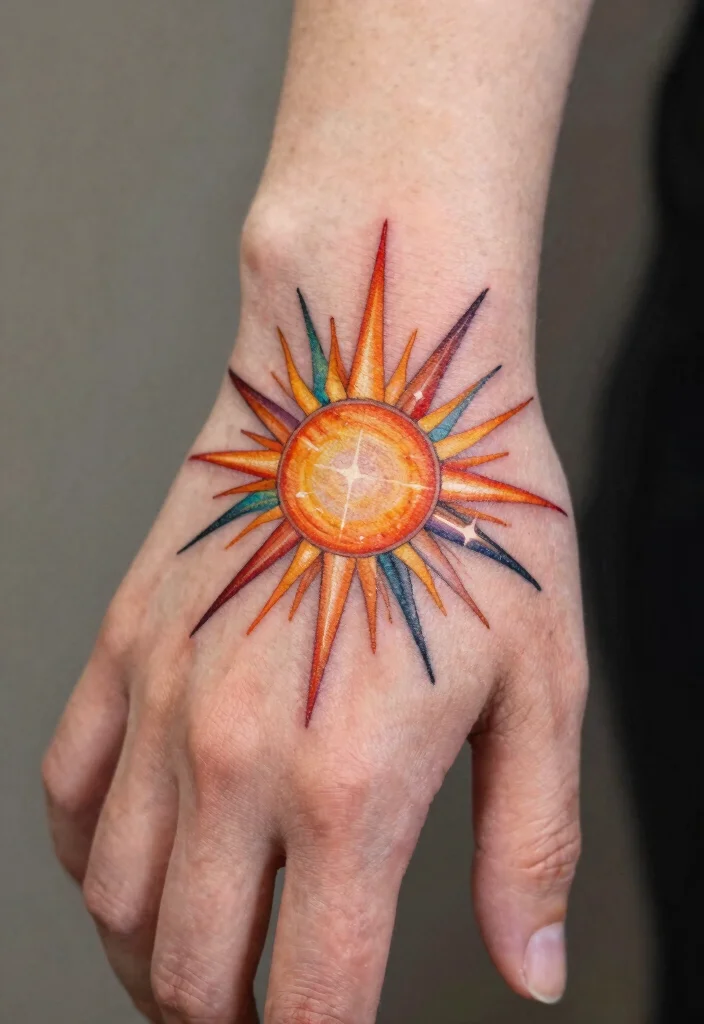 15 Sun Finger Tattoo Ideas: Tiny, Minimal, and Meaningful - 5. Sunburst Design 1