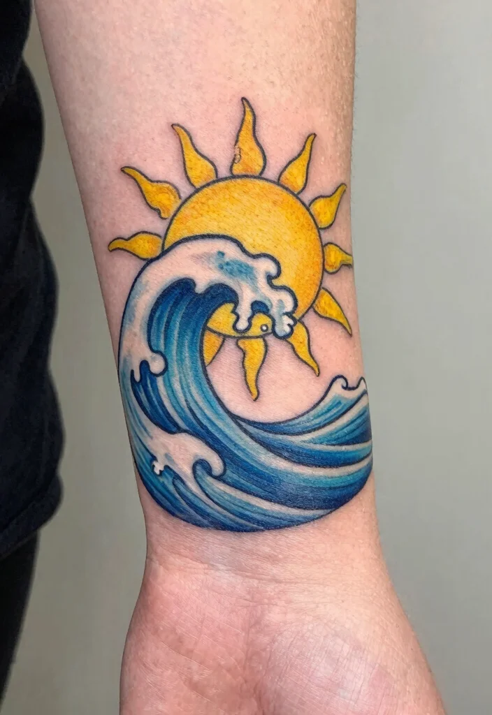 15 Sun Finger Tattoo Ideas: Tiny, Minimal, and Meaningful - 8. Sun and Wave Tattoo 1