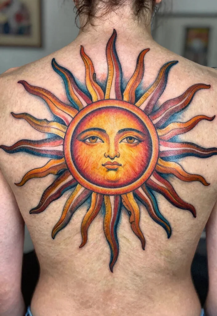 15 Sun Rays Tattoo Design Ideas Clean Radiant and Powerful - 10. Sun Rays on the Back 1