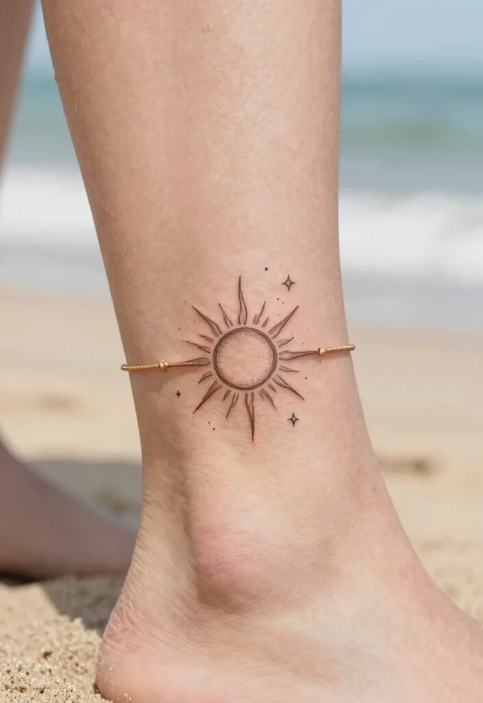 15 Sun Rays Tattoo Design Ideas Clean Radiant and Powerful - 11. Sun Ray Anklet 1