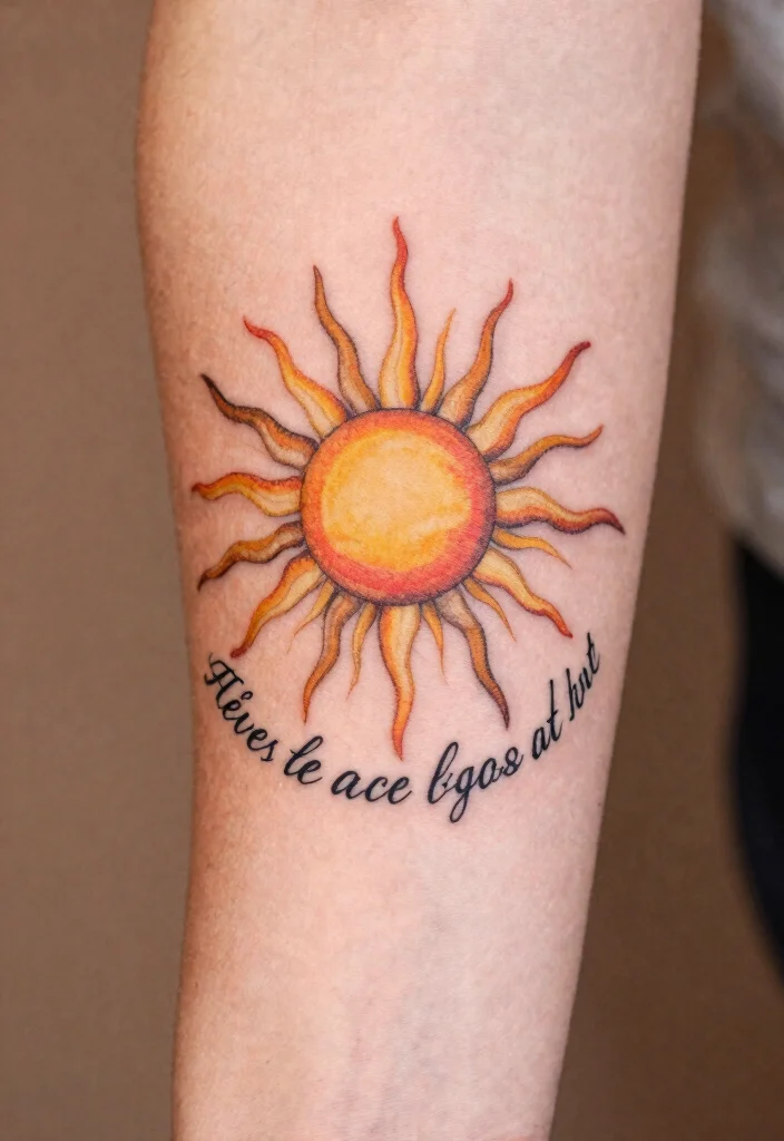 15 Sun Rays Tattoo Design Ideas Clean Radiant and Powerful - 13. Radiating Sun with Quote 1