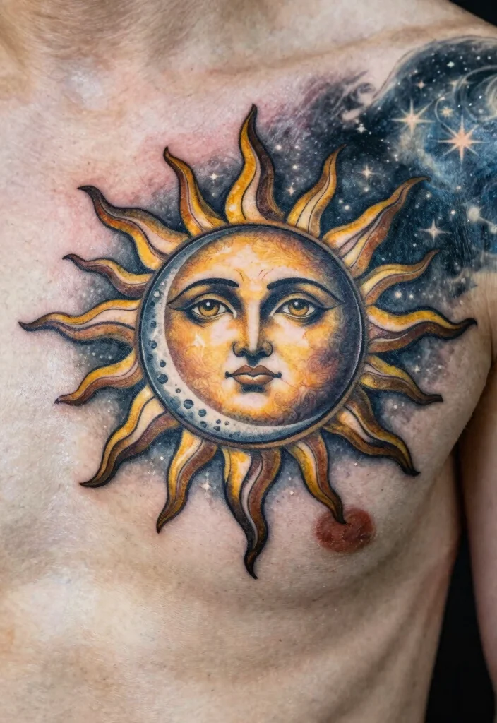 15 Sun Rays Tattoo Design Ideas Clean Radiant and Powerful - 4. Celestial Sun and Moon 1