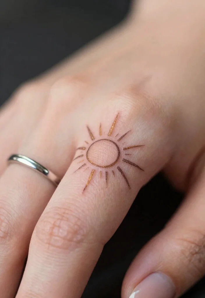 15 Sun Rays Tattoo Design Ideas Clean Radiant and Powerful - 5. Dainty Sun Rays on the Finger 1