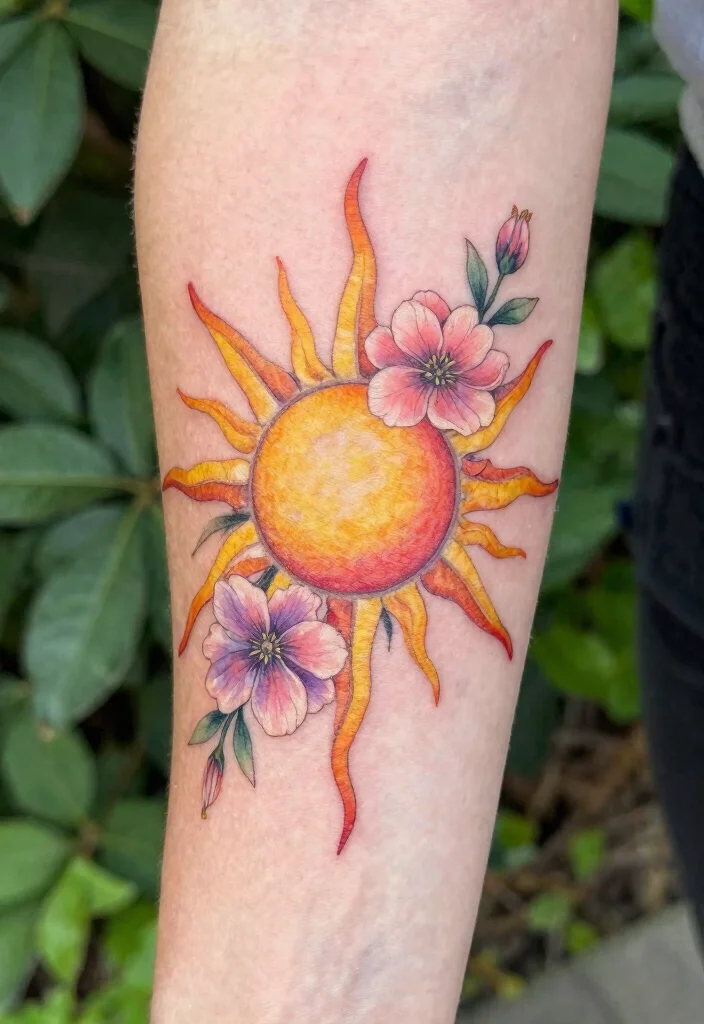 15 Sun Rays Tattoo Design Ideas Clean Radiant and Powerful - 8. Sun Rays with Floral Elements 1