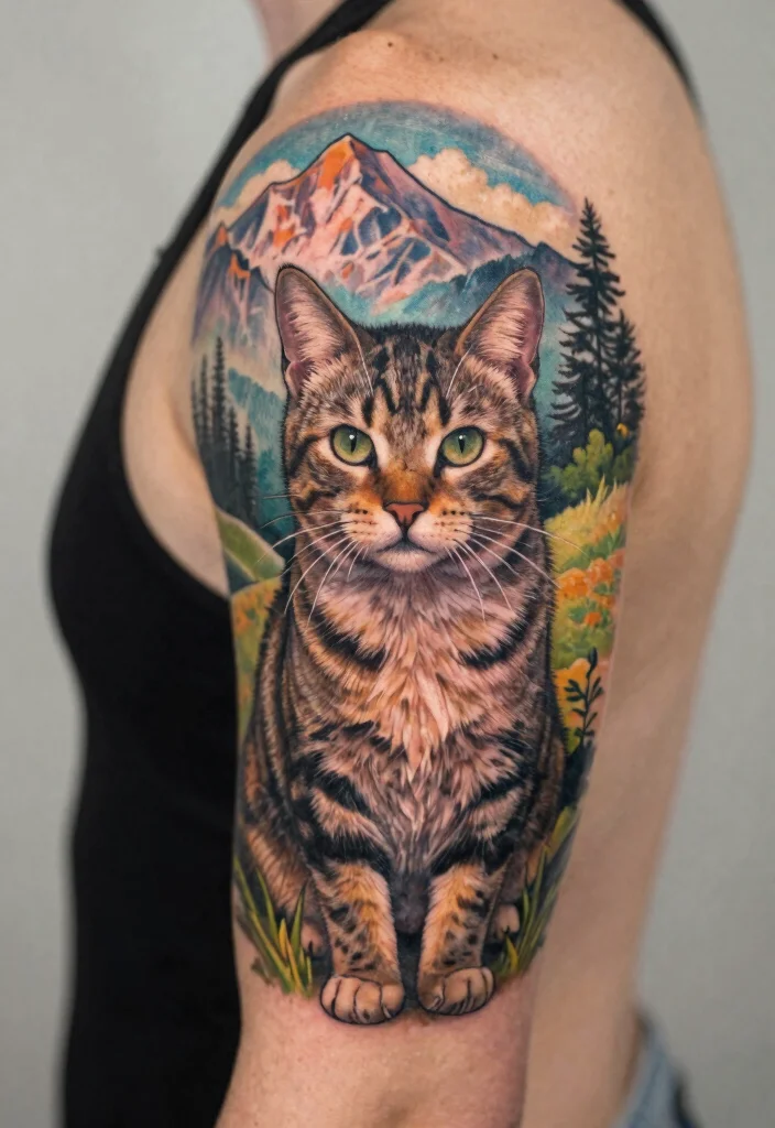 15 Tabby Cat Tattoo Ideas: Realistic, Cute, and Personal - 13. Tabby Cat with a Landscape Background 1