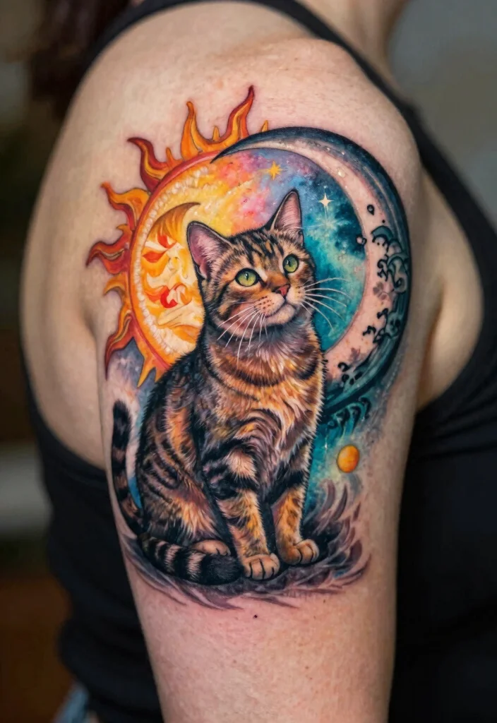 15 Tabby Cat Tattoo Ideas: Realistic, Cute, and Personal - 15. Tabby Cat with Sun and Moon 1