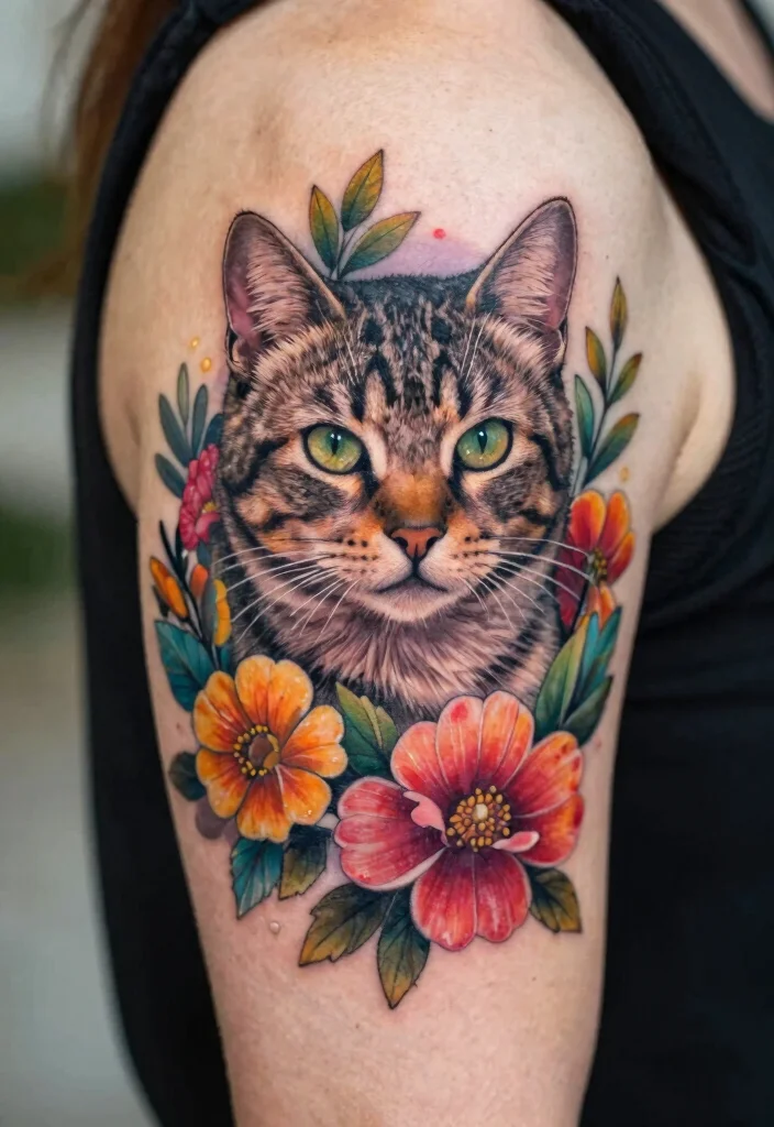 15 Tabby Cat Tattoo Ideas: Realistic, Cute, and Personal - 4. Tabby Cat with Floral Accents 1