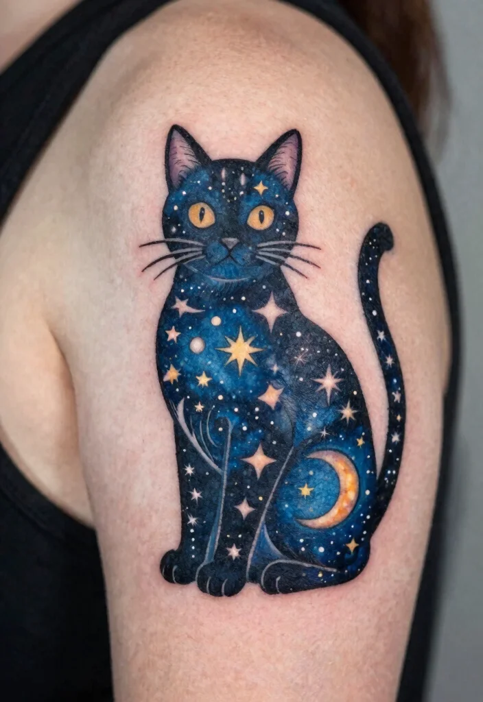 15 Tabby Cat Tattoo Ideas: Realistic, Cute, and Personal - 5. Tabby Cat Silhouette with Stars 1