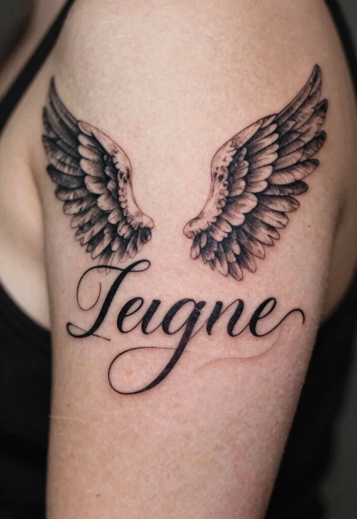 16 Angel Wings Tattoo Ideas: Powerful, Spiritual, and Timeless - 10. Word and Wings Combination 1
