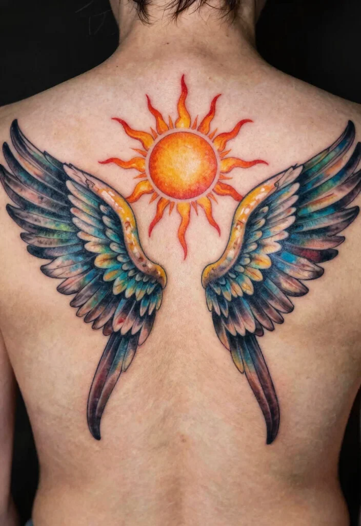 16 Angel Wings Tattoo Ideas: Powerful, Spiritual, and Timeless - 16. Sun and Wings 1